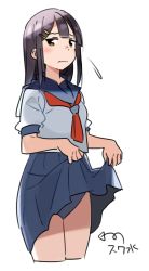 Rule 34 | 1girl, blue skirt, blunt bangs, blush, closed mouth, clothes lift, cropped legs, flying sweatdrops, jitome, kasa list, lifting own clothes, long hair, looking at viewer, neckerchief, original, pleated skirt, red neckerchief, school swimsuit, school uniform, serafuku, short sleeves, simple background, skirt, skirt lift, solo, swimsuit, swimsuit under clothes, white background