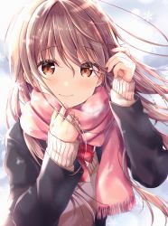 Rule 34 | 1girl, absurdres, amedamacon, artist name, black jacket, blazer, blush, bow, bowtie, breath, brown eyes, closed mouth, commentary request, floating hair, hands up, highres, jacket, long hair, long sleeves, looking at viewer, open clothes, open jacket, original, pink scarf, red bow, red bowtie, scarf, school uniform, sleeves past wrists, smile, snowflakes, solo, upper body, wind