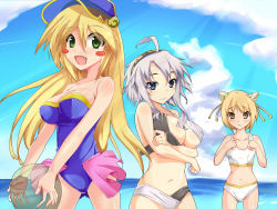 Rule 34 | 3girls, alternate costume, bare arms, bare legs, bare shoulders, beach, bikini, blonde hair, blue eyes, blue one-piece swimsuit, blush, blush stickers, breasts, brown eyes, cleavage, closed mouth, cloud, collarbone, dark magician girl, day, duel monster, eyebrows hidden by hair, eyes visible through hair, fang, green eyes, grey hair, hair between eyes, huge breasts, ikiyouyou, large breasts, long hair, looking at viewer, midriff, mira the eternal magician, multiple girls, navel, neck, one-piece swimsuit, open mouth, outdoors, psy girl, short hair, sky, small breasts, smile, standing, straight hair, strapless, swimsuit, yu-gi-oh!, yu-gi-oh! duel monsters