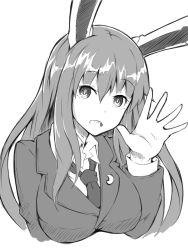 Rule 34 | 1girl, animal ears, blazer, breasts, collared shirt, crescent, greyscale, hand up, ishimu, jacket, long hair, long sleeves, looking at viewer, monochrome, moon, necktie, open mouth, rabbit ears, reisen udongein inaba, shirt, simple background, sketch, solo, touhou, upper body, waving, wing collar