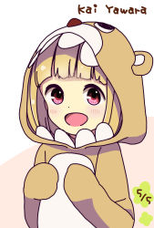 Rule 34 | 1girl, :d, animal costume, animal hood, bear costume, bear hood, blunt bangs, blush, character name, commentary request, dated, dot nose, hands up, happy, highres, hitoribocchi no marumaru seikatsu, hood, hood up, katsuwo (cr66g), light brown hair, looking at viewer, open mouth, pink background, red eyes, short hair, smile, solo, split mouth, two-tone background, white background, yawara kai