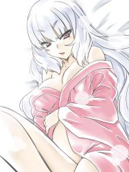 Rule 34 | 10s, 1girl, aged up, blush, breasts, brown eyes, cleavage, hakkai, highres, kantai collection, knee up, long hair, looking at viewer, lying, murakumo (kancolle), naked robe, on back, parted lips, robe, solo, white hair
