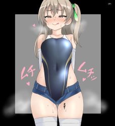 Rule 34 | 1girl, blonde hair, blue one-piece swimsuit, blue shorts, blush, breasts, brown eyes, collarbone, condom, covered navel, daroon5, girls und panzer, highres, long hair, micro shorts, one-piece swimsuit, open clothes, open shorts, pussy juice, shimada arisu, shorts, small breasts, solo, standing, swimsuit, thighhighs, tongue, tongue out, used condom, white thighhighs