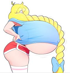 Rule 34 | 1girl, ass, blonde hair, breasts, cassie (theycallhimcake), covered erect nipples, gigantic breasts, gym shorts, highres, long hair, motion lines, original, shorts, simple background, solo, standing, theycallhimcake, underboob, white background