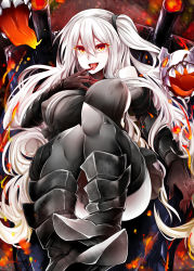 Rule 34 | 10s, 1girl, abyssal ship, aircraft carrier oni, aircraft carrier princess, armor, armored boots, bare shoulders, black bow, black dress, black footwear, black gloves, black skin, boots, bow, breasts, colored skin, covered erect nipples, dress, elbow gloves, fire, gauntlets, gloves, highres, kantai collection, knees together feet apart, large breasts, legs together, licking, long hair, machinery, multicolored skin, one side up, open mouth, orange eyes, pale skin, ponytail, rui shi (rayze ray), sailor dress, short dress, side ponytail, sideboob, sitting, sleeveless, sleeveless dress, smile, solo, teeth, thigh boots, thighhighs, tongue, tongue out, turret, veins, very long hair, white hair, white skin