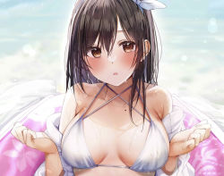 Rule 34 | 1girl, :o, bikini, blush, breasts, brown eyes, brown hair, commentary request, hair between eyes, hair ribbon, large breasts, looking at viewer, medium hair, mole, mole on breast, original, ribbon, rouka (akatyann), shirt, solo, swimsuit, upper body, wet, wet clothes, wet swimsuit, white bikini, white ribbon, white shirt