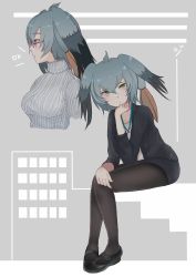 Rule 34 | 10s, 1girl, alternate costume, ancolatte (onikuanco), bird wings, black hair, blonde hair, commentary request, contemporary, glasses, green eyes, grey hair, hand on own chin, head rest, head wings, highres, kemono friends, lanyard, legs together, long sleeves, multicolored hair, multiple views, office lady, pantyhose, pencil skirt, pigeon-toed, shoebill (kemono friends), short hair, sitting, skirt, staring, sweater, turtleneck, turtleneck sweater, wings