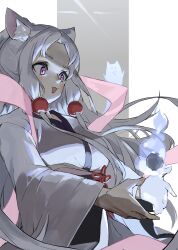 Rule 34 | 1girl, :3, animal ear fluff, animal ears, beads, blush, commentary request, curtained hair, floating hair, flower knot, forehead, fox ears, ghost, grey background, grey hair, hagoromo, hair beads, hair ornament, highres, japanese clothes, kimono, long hair, long sleeves, looking at object, nhk (voiceroid), obi, object floating above hand, open mouth, outside border, outstretched arms, pillarboxed, pink eyes, pocche-ex, sash, shawl, sidelocks, smile, solo, touhoku itako, upper body, voiceroid, white kimono, will-o&#039;-the-wisp (mythology)