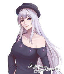 Rule 34 | 1girl, black hat, black shirt, blue eyes, breasts, cleavage, cm lynarc, commentary request, commission, fedora, grey hair, hat, large breasts, long hair, long sleeves, looking at viewer, off-shoulder shirt, off shoulder, original, pink lips, shirt, simple background, single bare shoulder, smile, solo, upper body, very long hair, white background