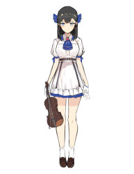 Rule 34 | 1girl, ascot, black hair, blue ascot, blue eyes, blue ribbon, breasts, brown footwear, btraphen, closed mouth, collared dress, dress, frilled dress, frills, full body, gloves, hair ribbon, half gloves, highres, holding, holding instrument, holding violin, instrument, loafers, long hair, looking at viewer, medium breasts, original, puffy short sleeves, puffy sleeves, ribbon, shoes, short sleeves, simple background, socks, solo, standing, violin, white background, white dress, white gloves, white socks
