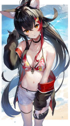 Rule 34 | 1girl, animal ear fluff, animal ears, bare shoulders, beach, bikini, bikini under clothes, black choker, black hair, black jacket, border, breasts, choker, collarbone, floating hair, hair ornament, hairclip, halterneck, hand in own hair, hand up, highres, hololive, jacket, leaf print, long hair, looking at viewer, maple leaf print, medium breasts, multicolored hair, navel, off shoulder, ookami mio, ookami mio (hololive summer 2019), open fly, orange eyes, parted lips, ponytail, red hair, scottie (phantom2), short shorts, shorts, sidelocks, solo, stomach, streaked hair, string bikini, swimsuit, tail, thigh strap, two-sided fabric, two-sided jacket, very long hair, virtual youtuber, water drop, wet, white border, white shorts, wolf ears, wolf girl, wolf tail