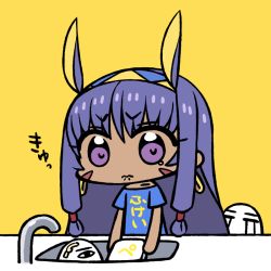 Rule 34 | 1girl, alternate costume, animal ears, blue shirt, casual, chan co, chibi, closed mouth, clothes writing, crying, dark-skinned female, dark skin, dishwashing, earrings, facial mark, fate/grand order, fate (series), frown, hair tubes, hairband, hoop earrings, jackal ears, jewelry, long hair, medjed (fate), nitocris (fate), purple eyes, purple hair, shirt, short sleeves, simple background, sink, standing, streaming tears, tearing up, tears, yellow background