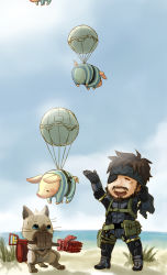 Rule 34 | 1boy, bad id, bad pixiv id, beach, big boss, capcom, cat, crossover, felyne, fulton surface-to-air recovery system, highres, konami, metal gear (series), metal gear solid: peace walker, monster hunter (series), pig, poogie, toriny