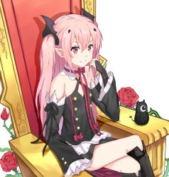 Rule 34 | 10s, 1girl, arukanu, bad id, bad pixiv id, bare shoulders, bat (animal), black dress, black ribbon, boots, bow, buttons, closed mouth, detached sleeves, dress, flower, frills, hair between eyes, hair ornament, hair ribbon, kenkaizar, krul tepes, crossed legs, long hair, long sleeves, looking at viewer, owari no seraph, pink hair, pointy ears, red bow, red eyes, red flower, red rose, ribbon, rose, simple background, sitting, smile, solo, statue, tareme, thigh boots, thighhighs, throne, twintails, two side up, vampire, white background