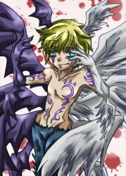 Rule 34 | 1boy, blue eyes, digimon, digimon (creature), looking at viewer, lucemon, lucemon falldown mode, male focus, solo, wings