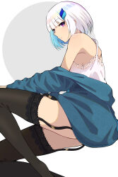 1girl alternate_costume bare_shoulders black_garter_straps black_thighhighs blue_hair blue_jacket blunt_bangs camisole circle colored_inner_hair commentary_request foot_out_of_frame from_side garter_straps grey_background hair_ornament hand_on_own_knee highres iridescent_hair jacket jacket_partially_removed lace lace-trimmed_camisole lace-trimmed_thighhighs lace_trim lize_helesta long_sleeves looking_at_viewer multicolored_hair nijisanji no_pants purple_eyes short_hair shunga_(shun608) simple_background solo spaghetti_strap thighhighs two-tone_background two-tone_hair virtual_youtuber white_background white_camisole white_hair