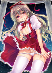 Rule 34 | 1boy, androgynous, ball bra, blonde hair, blush, bow, bulge, crossdressing, dress, erection, erection under clothes, frilled dress, frills, gradient background, grey hair, grin, hair ribbon, long hair, looking at viewer, male focus, neck ribbon, night, night sky, nipple slip, nipples, open clothes, open shirt, panties, penis, puffy sleeves, red dress, red eyes, ribbon, shirt, short sleeves, sky, smile, solo, star (sky), starry sky, testicles, thighhighs, trap, underwear, white panties, white thighhighs