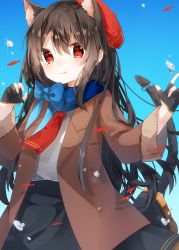 Rule 34 | 1girl, animal ear fluff, animal ears, black gloves, black hair, blouse, blue background, blue bow, blush, bow, brown coat, cat ears, cat girl, cat tail, coat, fingerless gloves, gloves, gradient background, heripiro, highres, long hair, looking at viewer, original, red eyes, red headwear, shirt, simple background, solo, tail, tail bow, tail ornament, tongue, tongue out, white shirt