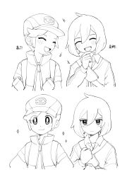 Rule 34 | +++, 2boys, :d, baseball cap, blush, closed eyes, closed mouth, commentary request, creatures (company), game freak, greyscale, hat, high collar, highres, jiugong chi, male focus, monochrome, multiple boys, nintendo, open mouth, paulo (pokemon), pokemon, pokemon masters ex, scottie (pokemon), shirt, short hair, short sleeves, sleeveless, sleeveless jacket, smile, sparkle, t-shirt, teeth, tongue, upper teeth only, zipper pull tab