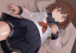 Rule 34 | 1girl, absurdres, anchor symbol, bed, black sailor collar, black skirt, brown eyes, brown hair, closed mouth, commentary request, cowboy shot, dutch angle, haida katsuretsu, hair ornament, hairclip, highres, ikazuchi (kancolle), kantai collection, looking at viewer, neckerchief, pillow, pleated skirt, red neckerchief, sailor collar, school uniform, serafuku, shirt, short hair, skirt, solo, white shirt