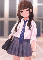 Rule 34 | 1girl, absurdres, bag, blurry, bracelet, brown hair, contrapposto, depth of field, grey eyes, highres, jewelry, long hair, miniskirt, necktie, original, photo-referenced, pleated skirt, purin a la mode (popup), school bag, school uniform, skirt, sleeves rolled up, solo, striped necktie