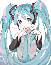 Rule 34 | 1girl, aqua hair, aqua necktie, bare shoulders, black sleeves, blue eyes, check commentary, collared shirt, commentary request, detached sleeves, grey shirt, hair ornament, hatsune miku, headphones, heart, heart hands, highres, light blush, long hair, long sleeves, looking at viewer, miteinano (mitei nano28), necktie, shirt, simple background, solo, twintails, very long hair, vocaloid, white background