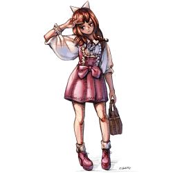 Rule 34 | 1girl, artist name, bag, bara (totocos), blue eyes, blush, blush stickers, bow, brown hair, casual, closed mouth, collared shirt, dress, frilled shirt, frills, full body, hair bow, hand up, handbag, high heels, highres, holding, holding bag, legs apart, long hair, looking at viewer, original, shirt, simple background, sketch, sleeves past elbows, socks, solo, standing, v, white background, white bow, white shirt, white socks, wrist cuffs