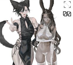 Rule 34 | 2girls, absurdres, animal ears, warrior of light (ff14), bad id, bad pixiv id, bare shoulders, black gloves, black hair, black ribbon, blue eyes, blush, breasts, bridal gauntlets, china dress, chinese clothes, cleavage, cleavage cutout, closed mouth, clothing cutout, collarbone, covered navel, dark-skinned female, dark skin, dress, elbow gloves, eyelashes, eyes visible through hair, facial scar, final fantasy, final fantasy xiv, fingerless gloves, gloves, hair between eyes, half-closed eyes, hand on own hip, highres, large breasts, long eyelashes, long hair, looking at viewer, looking away, medium hair, mell (dmwe3537), mole, mole on breast, mole under mouth, multiple girls, navel, open mouth, original, panties, rabbit ears, ribbon, scar, scar on arm, scar on breasts, scar on cheek, scar on face, scar on leg, scar on mouth, scar on stomach, see-through, simple background, skindentation, smile, tail, thighhighs, toned, tongue, turtleneck, underwear, v, viera, white background, white eyes, white legwear, white panties