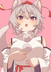 Rule 34 | 1girl, absurdres, animal ear fluff, animal ears, bare shoulders, blush, breasts, detached sleeves, e sdss, fang, fingernails, grey hair, hair between eyes, hat, highres, inubashiri momiji, japanese clothes, large breasts, looking at viewer, open mouth, pink background, pom pom (clothes), red eyes, red hat, short hair, simple background, skin fang, solo, tokin hat, touhou, upper body, white sleeves, wide sleeves, wolf ears