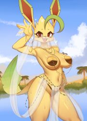 Rule 34 | belly dancer, breasts, burgerkiss, cleft of venus, creatures (company), dancer, game freak, gen 4 pokemon, heart, heart-shaped pupils, highres, jewelry, large breasts, leafeon, mouth veil, nintendo, pokemon, pokemon (creature), symbol-shaped pupils, veil