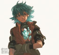 Rule 34 | .hack//, .hack//g.u., 1boy, arm belt, bag, bags under eyes, black shirt, blue eyes, blue hair, brown coat, brown gloves, coat, commentary, crystal, custat, english commentary, gloves, grimace, kite (.hack//), male focus, material growth, satchel, shirt, short hair, simple background, sleeves rolled up, solo, white background