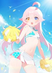 Rule 34 | 1girl, absurdres, ahoge, bare arms, bare shoulders, bird, blue archive, blue eyes, blue sky, blush, cheerleader, cloud, cloudy sky, collar, commentary request, cosplay, cowboy shot, detached collar, fang, hair between eyes, heterochromia, highres, holding, holding pom poms, hoshino (blue archive), looking at viewer, looking down, millennium cheerleader outfit (blue archive), navel, open mouth, pink hair, pom pom (cheerleading), pom poms, sidelocks, skin fang, skirt, sky, solo, stomach, sweat, swimsuit, white collar, white skirt, yellow eyes, yuka aaaaaa