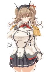 Rule 34 | 1girl, alternate costume, alternate hair length, alternate hairstyle, artist name, beret, breasts, brown hair, buttons, cosplay, dated, double-breasted, epaulettes, frilled sleeves, frills, gloves, green eyes, grey skirt, hat, highres, jacket, kantai collection, kashima (kancolle), kashima (kancolle) (cosplay), large breasts, long sleeves, looking at viewer, medium hair, military, military jacket, military uniform, miniskirt, mutsu (kancolle), neckerchief, owa (ishtail), pleated skirt, red neckerchief, skirt, solo, twintails, uniform, white gloves, white jacket