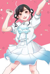 Rule 34 | 1girl, :d, absurdres, ahoge, arashi chisato, arm up, ascot, belt, black brooch, black hair, blue ascot, blush, bow, brown eyes, chromatic aberration, commentary request, cowboy shot, cropped jacket, double bun, hair bow, hair bun, highres, jacket, kashikaze, looking at viewer, love live!, love live! superstar!!, medium hair, misaki nako, open clothes, open jacket, open mouth, outline, pink background, pleated skirt, puffy short sleeves, puffy sleeves, real life, shirt, short sleeves, skirt, smile, solo, star (symbol), starry background, teeth, two-tone background, upper teeth only, voice actor, voice actor connection, white background, white belt, white bow, white jacket, white outline, white shirt, white skirt