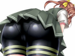 Rule 34 | 1girl, ass, ass focus, bent over, bike shorts, bow, brown eyes, brown hair, hair bow, huge ass, kagerou (kancolle), kantai collection, long hair, looking at viewer, looking back, panties under bike shorts, school uniform, simple background, skirt, solo, terakoya, thighs, tight clothes, twintails, white background, yellow bow