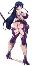 Rule 34 | 1girl, ass, blue hair, bodysuit, breasts, grin, highres, huge ass, igawa asagi, large breasts, lightsource, long hair, looking at viewer, looking back, simple background, smile, solo, standing, taimanin (series), taimanin asagi, torn bodysuit, torn clothes, white background