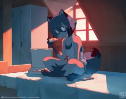 Rule 34 | 1girl, animal ears, barefoot, blue hair, brand new animal, collarbone, eating, food, full body, furry, furry female, highres, indian style, indoors, kagemori michiru, michirutnk, pizza, pizza slice, raccoon ears, raccoon girl, raccoon tail, short hair, sitting, soles, solo, tail