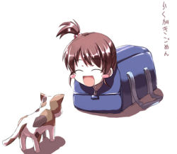 Rule 34 | 00s, 1girl, :d, ^ ^, bag, blush, blush stickers, brown hair, calico, cat, closed eyes, eyebrows, female focus, full body, hair ornament, happy, in container, kyon no imouto, lowres, open mouth, ponytail, shamisen (suzumiya haruhi), side ponytail, simple background, smile, solo, suzumiya haruhi no yuuutsu, text focus, tokyo (great akuta), translation request, white background