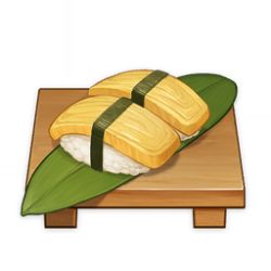 Rule 34 | artist request, commentary, cutting board, english commentary, fish (food), food, food focus, game cg, genshin impact, leaf, lowres, nigirizushi, no humans, official art, omelet, rice, simple background, still life, sushi, sushi geta, tamagoyaki, third-party source, transparent background