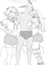 Rule 34 | 3boys, astolfo (fate), astolfo (sailor paladin) (fate), bald, banned artist, blush, bow, braid, braided ponytail, bulge, bulge lift, chevalier d&#039;eon (fate), cosplay, crop top, elbow gloves, erection, erection lifting skirt, erection under clothes, fate/grand order, fate (series), gloves, greyscale, hair bow, hair intakes, hand on another&#039;s back, hand on another&#039;s chest, hand on another&#039;s shoulder, hand on back, hand on shoulder, hands on own hips, heart, heart in mouth, highleg, highleg panties, highres, kantai collection, long hair, looking at viewer, mask, miniskirt, mo (kireinamo), monochrome, mouth mask, multiple boys, neckerchief, open mouth, panties, ponytail, sailor collar, school uniform, serafuku, shimakaze-kun, shimakaze (kancolle), shimakaze (kancolle) (cosplay), shimakaze (kantai collection), short sleeves, skirt, smile, striped clothes, striped legwear, striped thighhighs, thighhighs, thighs, trap, underwear, yaoi