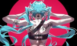 Rule 34 | 1girl, absurdres, aqua hair, arm tattoo, back, back tattoo, earrings, from behind, hatsune miku, highres, il hyang, jewelry, long hair, neck tattoo, ring, rookie (vocaloid), solo, tattoo, twintails, upper body, very long hair, vocaloid