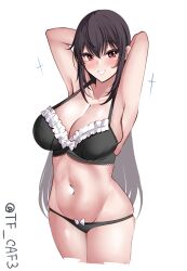 Rule 34 | 1girl, alternate costume, armpits, arms up, bare shoulders, black bra, black hair, black panties, blush, bra, breasts, cleavage, commentary request, cowboy shot, cropped legs, frilled bra, frills, grin, groin, hair between eyes, hashtag-only commentary, highres, kantai collection, large breasts, long hair, looking at viewer, nagato (kancolle), navel, one-hour drawing challenge, panties, red eyes, simple background, smile, solo, tf cafe, twitter username, underwear, underwear only, white background
