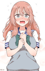 Rule 34 | 1girl, artist name, blue eyes, blue sailor collar, blush, bow, breasts, green bow, grey sweater vest, hair between eyes, highres, inui shinju, large breasts, long hair, looking at viewer, open mouth, pink hair, poncocchan, sailor collar, school uniform, shirt, signature, simple background, solo, sono bisque doll wa koi wo suru, sweater vest, tearing up, wavy mouth, white background, white shirt