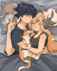 1boy 1girl absurdres alternate_costume animal bed_sheet black_hair black_shirt black_sleeves black_tank_top blanket blonde_hair blue_eyes blush cat collarbone contemporary couple dintoge genshin_impact hair_between_eyes hair_intakes hair_over_eyes hand_on_another&#039;s_back hand_up head_on_pillow hetero highres holding holding_animal holding_cat looking_at_animal lumine_(genshin_impact) multiple_cats nose on_bed open_hand open_mouth pillow raised_eyebrows scaramouche_(genshin_impact) shirt short_hair short_hair_with_long_locks short_sleeves sidelocks sweatdrop tank_top teeth tongue under_covers upper_teeth_only yellow_eyes