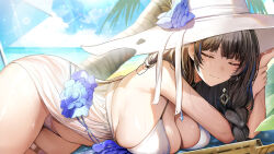 Rule 34 | 1girl, bare arms, bare shoulders, bikini, black hair, blush, braid, breasts, cleavage, closed eyes, closed mouth, goddess of victory: nikke, hat, large breasts, large hat, long hair, luse maonang, lying, mary (bay goddess) (nikke), mary (nikke), official alternate costume, on side, outdoors, smile, solo, sparkle, sun hat, swimsuit, thighs, tree, water, white bikini, white hat