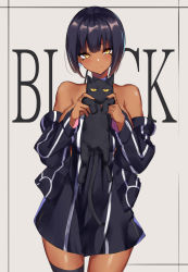 Rule 34 | 1girl, animal, bare shoulders, black dress, black hair, blush, bob cut, breasts, cat, closed mouth, dark-skinned female, dark skin, detached sleeves, dress, grey background, highres, holding, holding animal, holding cat, large breasts, looking at viewer, original, short hair, smile, solo, spider apple, standing, yellow eyes