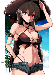 Rule 34 | 1girl, anchor earrings, arm behind back, arm strap, azur lane, bare shoulders, bikini, blue sky, breasts, brown bikini, brown hair, cleavage, closed mouth, cloud, collarbone, commentary request, cowboy shot, criss-cross halter, cross-laced bikini, cross-laced clothes, cutoffs, dark, day, denim, denim shorts, earrings, grey shorts, groin, hair between eyes, halterneck, hand up, hat, highleg, highleg bikini, highres, jean bart (azur lane), jean bart (private apres midi) (azur lane), jewelry, large breasts, lens flare, long hair, looking at viewer, micro shorts, midriff, navel, open fly, palm leaf, pirate hat, red eyes, shorts, sidelocks, sky, solo, standing, swimsuit, takanotsume