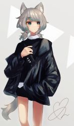 Rule 34 | 1girl, animal ears, black jacket, black shirt, blue eyes, character request, grey background, hair ornament, hairclip, hand in pocket, highres, holding, holding weapon, jacket, low twintails, maga mitsuki, medium hair, micomi uminoe, shirt, solo, standing, tail, twintails, virtual youtuber, weapon, wolf ears, wolf tail, x hair ornament