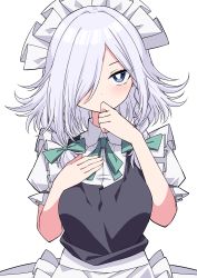 Rule 34 | 1girl, absurdres, alternate hairstyle, apron, arms up, black vest, blue eyes, braid, breasts, bright pupils, commentary request, finger to mouth, green neckwear, green ribbon, hair over one eye, hair ribbon, hand on own chest, head tilt, highres, izayoi sakuya, light blush, looking at viewer, maid headdress, medium breasts, puffy short sleeves, puffy sleeves, ribbon, shirt, short hair, short sleeves, silver hair, simple background, solo, standing, touhou, tress ribbon, tsukimirin, twin braids, upper body, vest, waist apron, white background, white pupils, white shirt