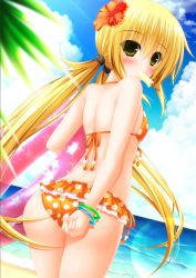 Rule 34 | 10s, 1girl, ass, bare arms, bare shoulders, bikini, blonde hair, cowboy shot, day, dutch angle, flower, food, from behind, gradient background, hair between eyes, hair flower, hair ornament, hibiscus, innertube, kantai collection, long hair, looking at viewer, looking back, low twintails, ocean, outdoors, popsicle, satsuki (kancolle), shocchan (sanymph), solo, swim ring, swimsuit, twintails, water, yellow eyes